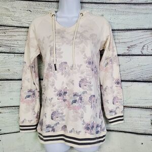 Maurices XS Floral Hoodie Sweatshirt Cream Pink Pullover Striped Hem Cozy Top